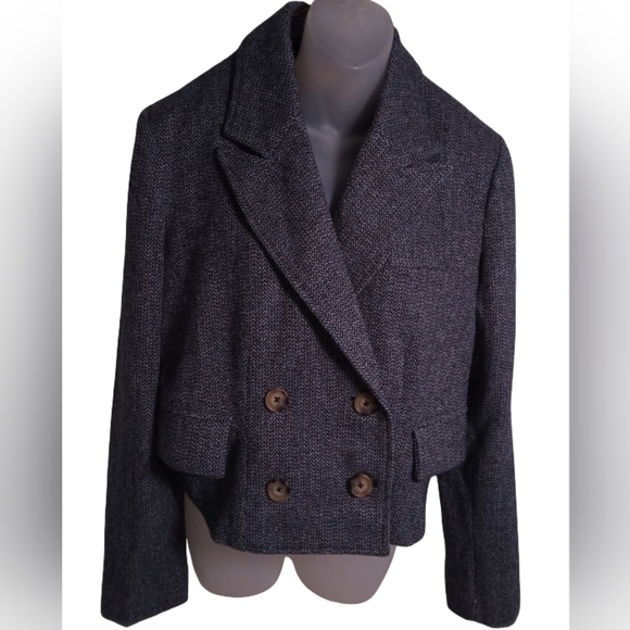 Free People Cropped Wool Blend Double Breasted Heritage Blazer Blue Jacket Small - Picture 3 of 5